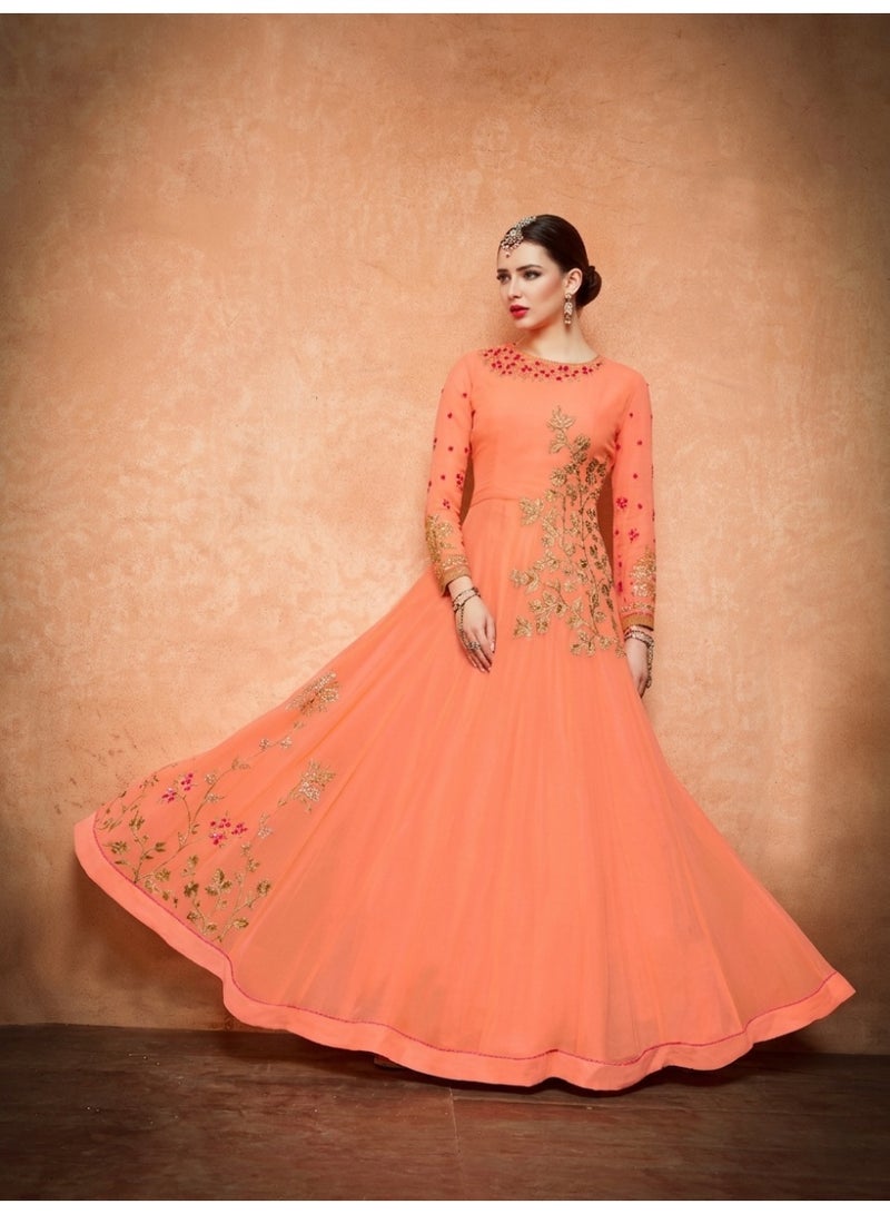 Womens Embroidered Semi-Stitched Peach Anarkali Gown with Floral Zari Work- ethnic wear