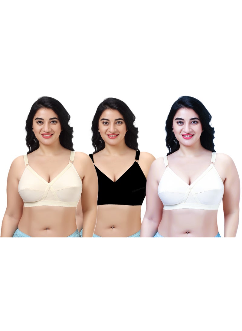 RAJNI Women's Bra D Cup 100% Cotton Soft Double Layered Non-Padded Wire-free Breathable Adjustable Straps Plus Size Pack of 3 - Image 1