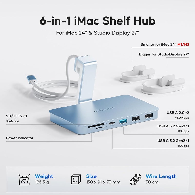 PULWTOP إكسسوارات لجهاز iMac للطرازات 2021/2023/2024، وحدة توصيل USB C من لجهاز iMac مع منافذ USB A/C بسرعة 10 جيجابت في الثانية، وحدة توصيل لجهاز iMac من نوع M1/M3/M4، منفذان USB A 2.0، قارئ بطاقات SD/TF لجهاز iMac بحجم 24 بوصة وشاشة Studio Display 2، اللون أزرق. - Image 2