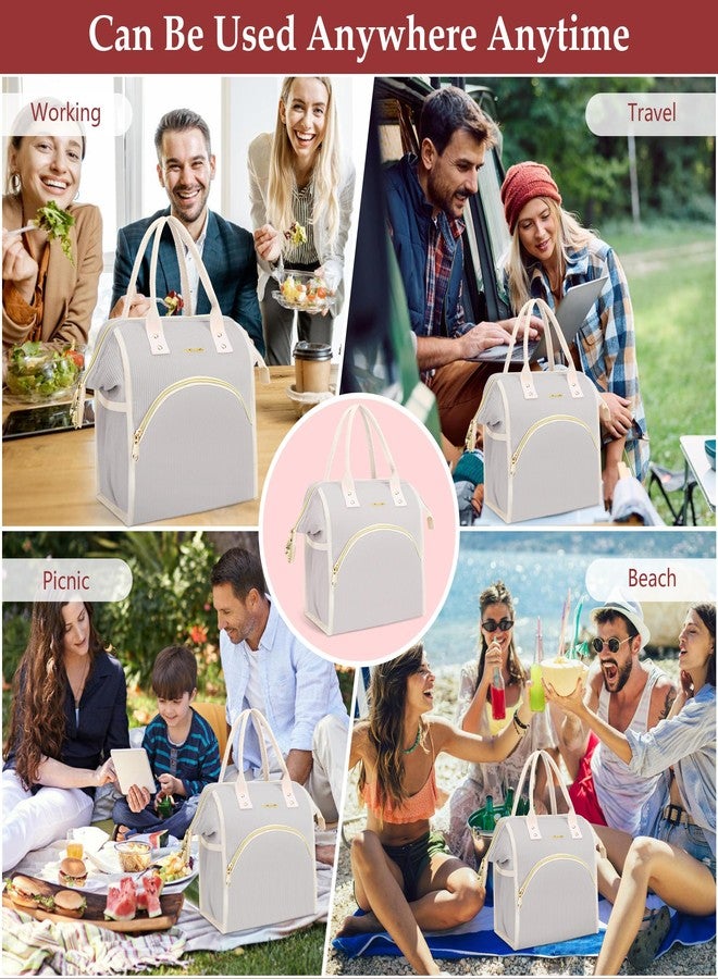 LOKASS Lunch Bag Women Insulated Lunch Box Wide-Open Lunch Tote Bag Large Cooler Bag for Work Picnic Hiking Beach（Light Gray） - Image 4