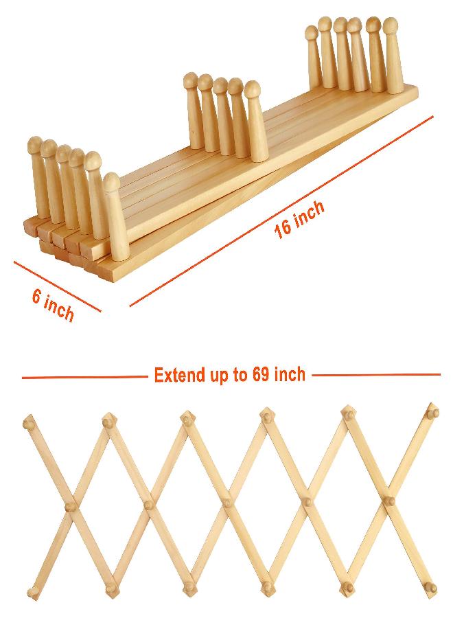 Dseap Dseap Accordian Wall Hanger: 16” High Wooden Wall Expandable Coat Rack, Hat Rack Holder, Accordion Hook for Baseball Caps, Coats, Mugs, 17 Peg Hooks, Natural  - Image 5