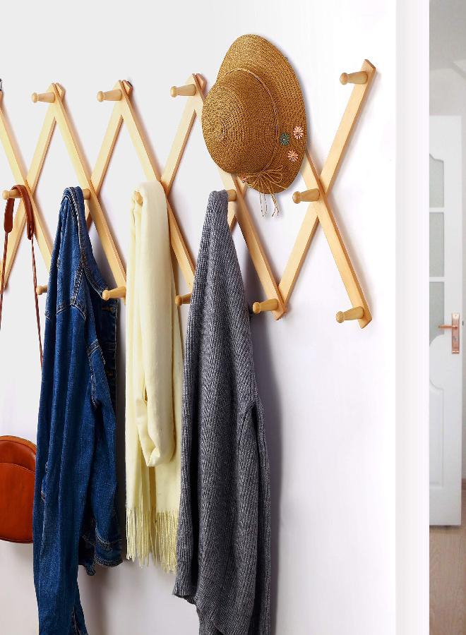 Dseap Dseap Accordian Wall Hanger: 16” High Wooden Wall Expandable Coat Rack, Hat Rack Holder, Accordion Hook for Baseball Caps, Coats, Mugs, 17 Peg Hooks, Natural  - Image 3