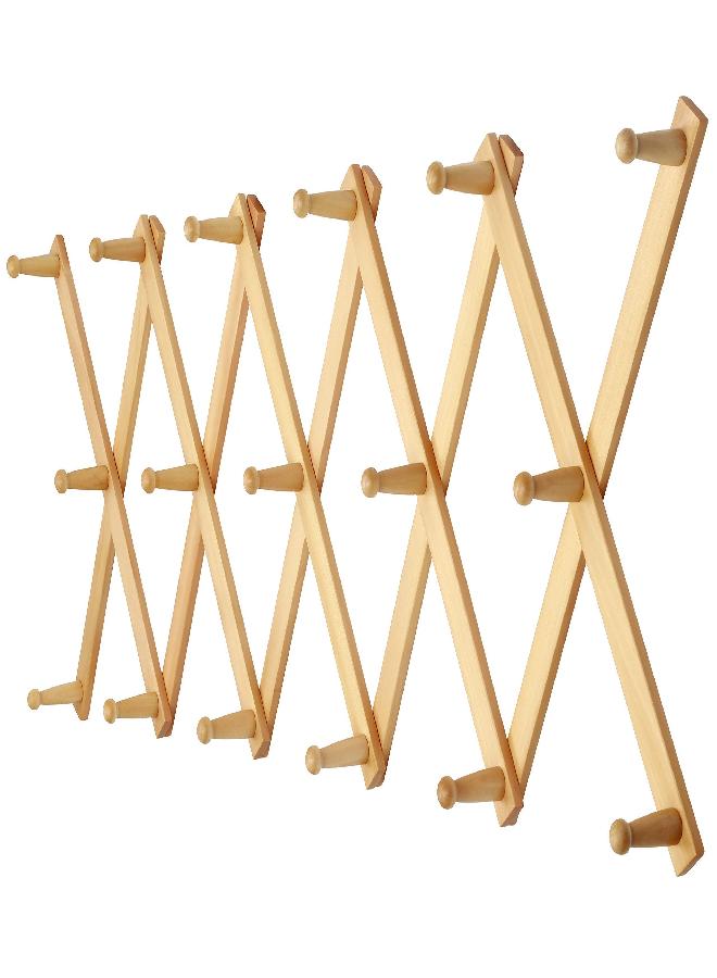 Dseap Dseap Accordian Wall Hanger: 16” High Wooden Wall Expandable Coat Rack, Hat Rack Holder, Accordion Hook for Baseball Caps, Coats, Mugs, 17 Peg Hooks, Natural  - Image 4