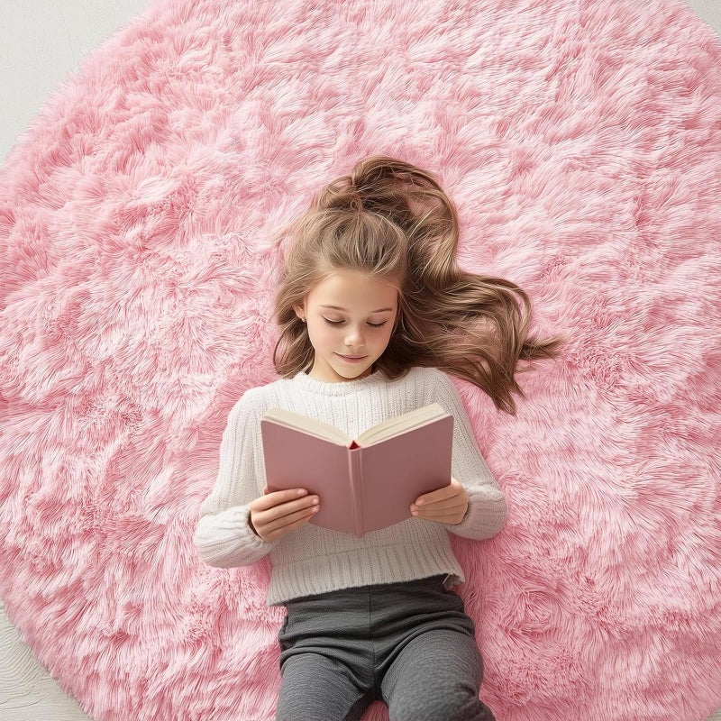 OLANLY Pink Round Rugs for Bedroom  Machine Washable 5 ft Circle Area Rugs for Living Room Soft and Fluffy Shaggy Carpet for Teen Girls and Boys Nursery Rooms Dorms Home Decor Aesthetic