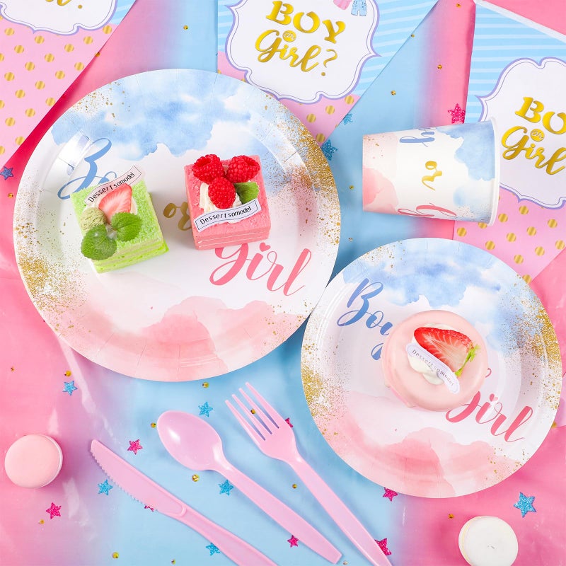 Xiangqu 175 Pcs Gender Reveal Plates and Napkins  Boy or Girl Gender Reveal Party Decorations Includes Gender Reveal Paper Plates Napkins Cups Plastic Cutlery for Baby Reveal Party Serves 25 - Image 4