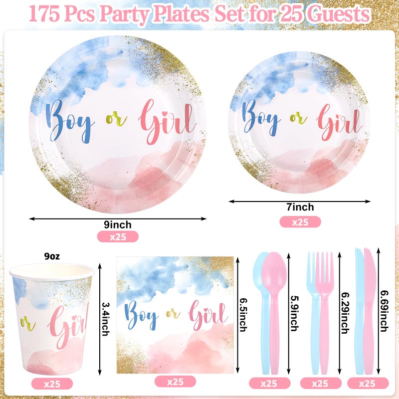Xiangqu 175 Pcs Gender Reveal Plates and Napkins  Boy or Girl Gender Reveal Party Decorations Includes Gender Reveal Paper Plates Napkins Cups Plastic Cutlery for Baby Reveal Party Serves 25 - Image 1