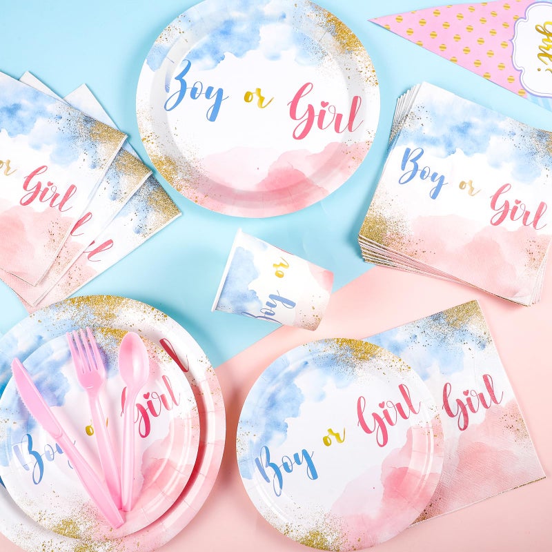 Xiangqu 175 Pcs Gender Reveal Plates and Napkins  Boy or Girl Gender Reveal Party Decorations Includes Gender Reveal Paper Plates Napkins Cups Plastic Cutlery for Baby Reveal Party Serves 25 - Image 3