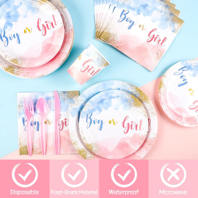 Xiangqu 175 Pcs Gender Reveal Plates and Napkins  Boy or Girl Gender Reveal Party Decorations Includes Gender Reveal Paper Plates Napkins Cups Plastic Cutlery for Baby Reveal Party Serves 25 - Image 2