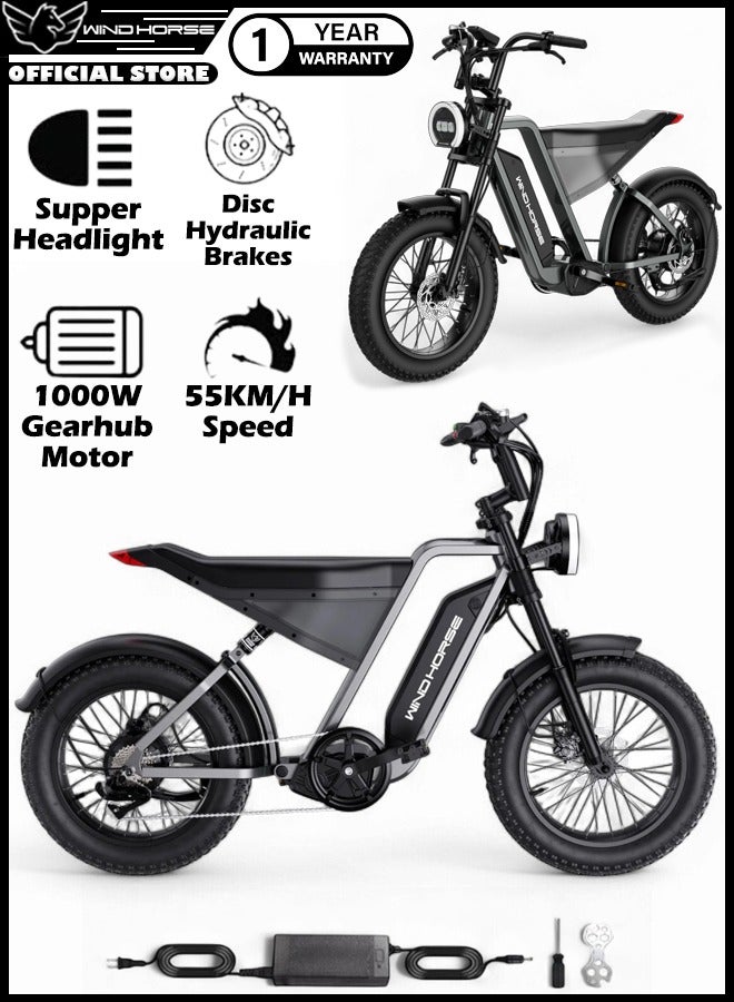 حصان الريح دراجة جبلية كهربائية عالية السرعة مع محرك 1000 وات، بطارية 48 فولت 18 أمبير، مدى 85 كم، إطارات سميكة 20 بوصة، فرامل قرصية مزدوجة، شيمانو 7 سرعات، نظام تعليق أمامي وخلفي، دراجة إلكترونية للطرق الوعرة مع شاشة رقمية - Image 1