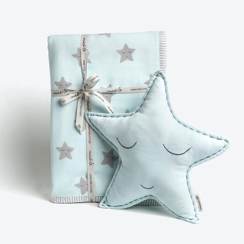 Masilo Organic Cotton Baby Blanket with Toy for Newborn/Infant-Quilted Blanket Combo-1X Blanket, 1X Toy, Star Blue - Image 1