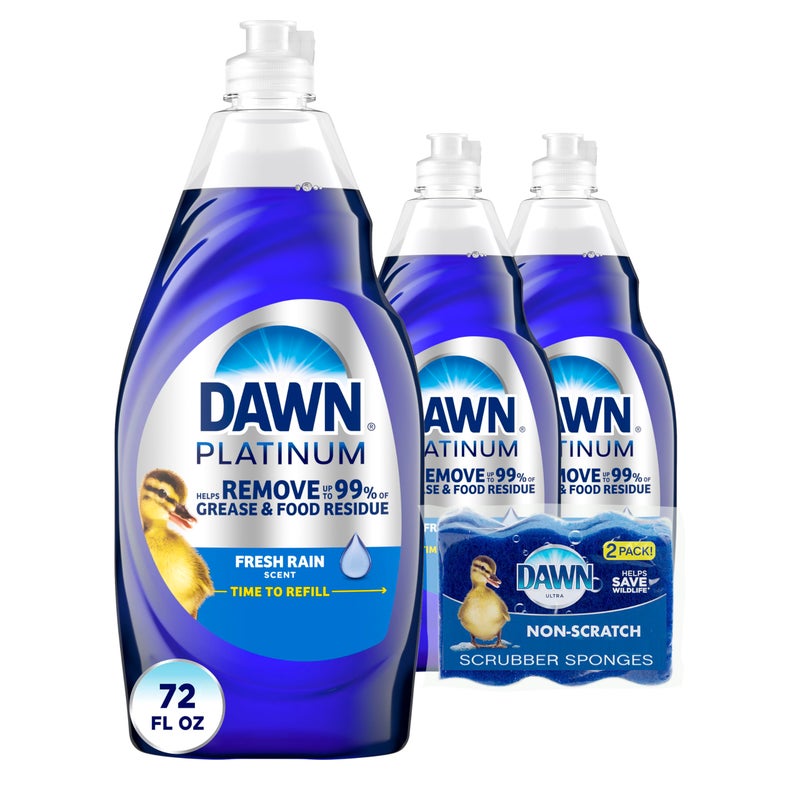 Dawn Platinum Dish Soap Liquid, Dishwashing Liquid, Grease Removal, Fresh Rain, 3x24oz + Sponge Bundle - Image 1