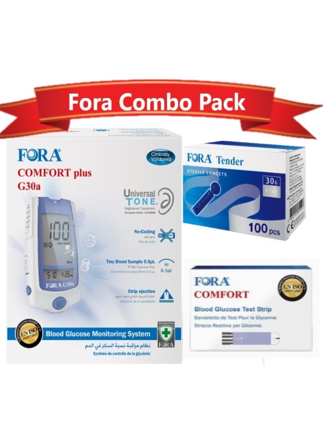 Fora Comfort Plus G30a Blood Glucose Monitoring System Combo with 100 Lancets, 50 Test Strips - Image 1
