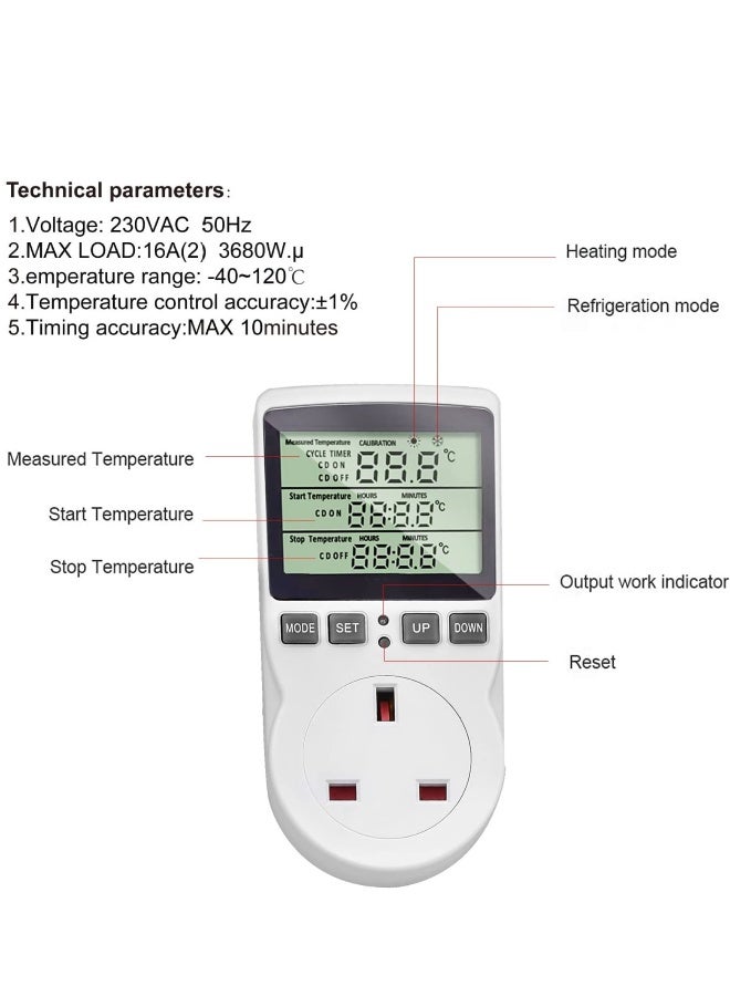 SYOSI Digital Thermostat Temperature Controller Socket Outlet 230V 16A Timer Switch Plug with 1.7m Sensor Heating Refrigerator Thermostat Regulator for Greenhouse Reptile Terrarium Home - Image 4