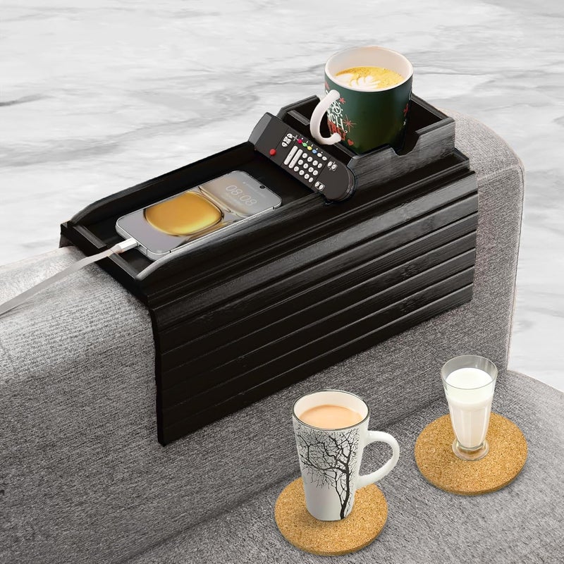 AuroraSynth Couch Cup Holder with 2 Cork Coasters | Couch Caddy with Detachable Tray | Anti-Slip Foldable Armrest Sofa Tray, Anti-Spill Holder for Remote, Snacks, Cellphone - Ideal Gift (Black) - Image 1