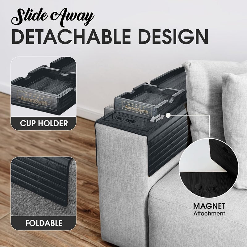 AuroraSynth Couch Cup Holder with 2 Cork Coasters | Couch Caddy with Detachable Tray | Anti-Slip Foldable Armrest Sofa Tray, Anti-Spill Holder for Remote, Snacks, Cellphone - Ideal Gift (Black) - Image 2