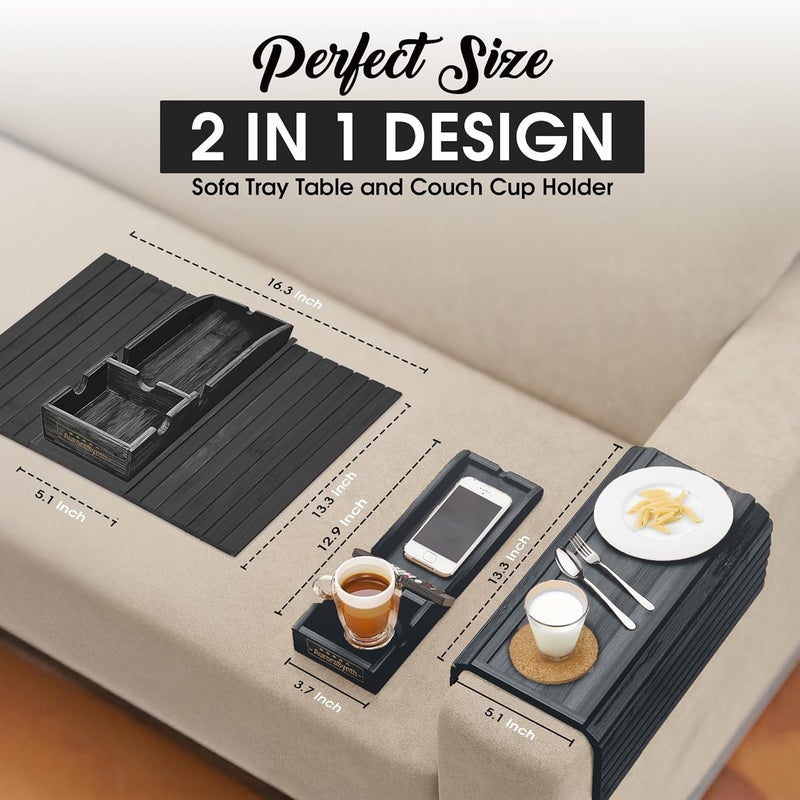 AuroraSynth Couch Cup Holder with 2 Cork Coasters | Couch Caddy with Detachable Tray | Anti-Slip Foldable Armrest Sofa Tray, Anti-Spill Holder for Remote, Snacks, Cellphone - Ideal Gift (Black) - Image 3