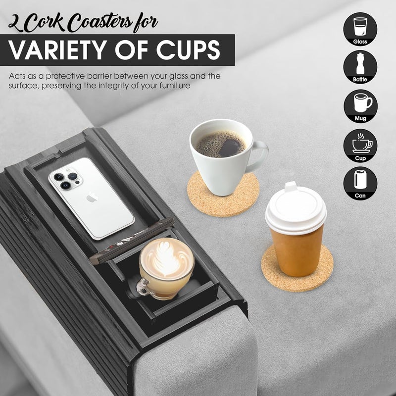 AuroraSynth Couch Cup Holder with 2 Cork Coasters | Couch Caddy with Detachable Tray | Anti-Slip Foldable Armrest Sofa Tray, Anti-Spill Holder for Remote, Snacks, Cellphone - Ideal Gift (Black) - Image 4