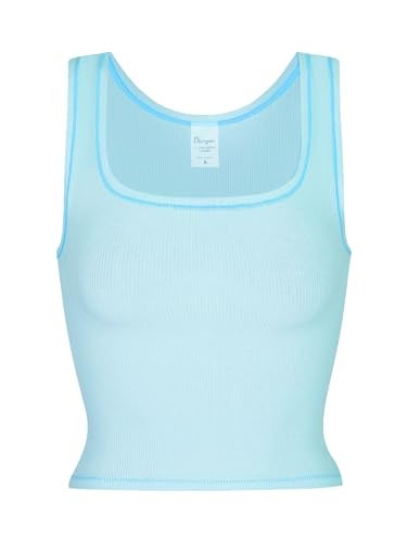 Danysu Women Cotton Rib Tank Top with Built in Bra Square Neck Crop Tank Fitted Basic Tops Blue Ice XS - Image 4