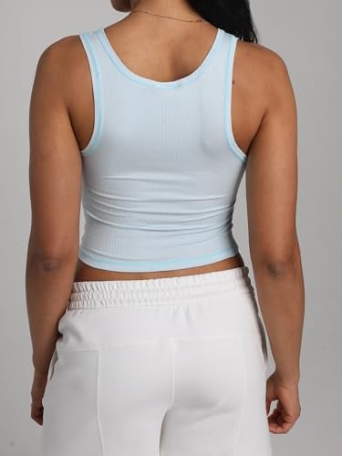 Danysu Women Cotton Rib Tank Top with Built in Bra Square Neck Crop Tank Fitted Basic Tops Blue Ice XS - Image 5