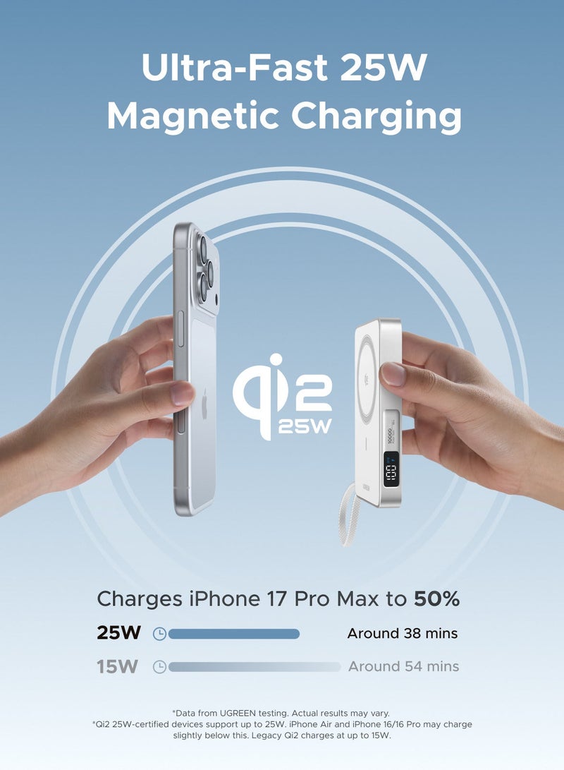 Ugreen Magflow 10000mAh Qi2 25W Built-in Cable 30W Ultral- Fast Power Bank with Strong Magnetic Attachment, Wireless Portable Charger with 25W Fast Wireless Charging and PD30W Fast Charging, Built-in Type C Cable for Samsung S26/S25 Ultra, iPhone 17/16 Pro Max Series -White 25W With Cable - White - Image 2