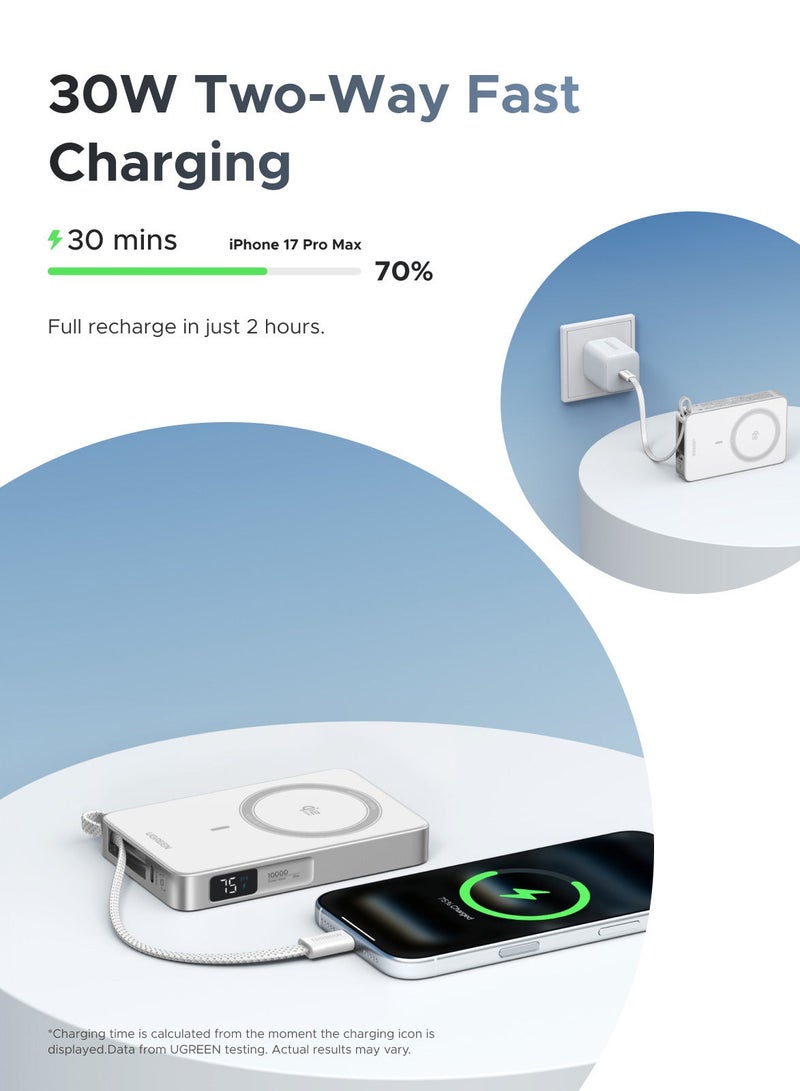Ugreen Magflow 10000mAh Qi2 25W Built-in Cable 30W Ultral- Fast Power Bank with Strong Magnetic Attachment, Wireless Portable Charger with 25W Fast Wireless Charging and PD30W Fast Charging, Built-in Type C Cable for Samsung S26/S25 Ultra, iPhone 17/16 Pro Max Series -White 25W With Cable - White - Image 3