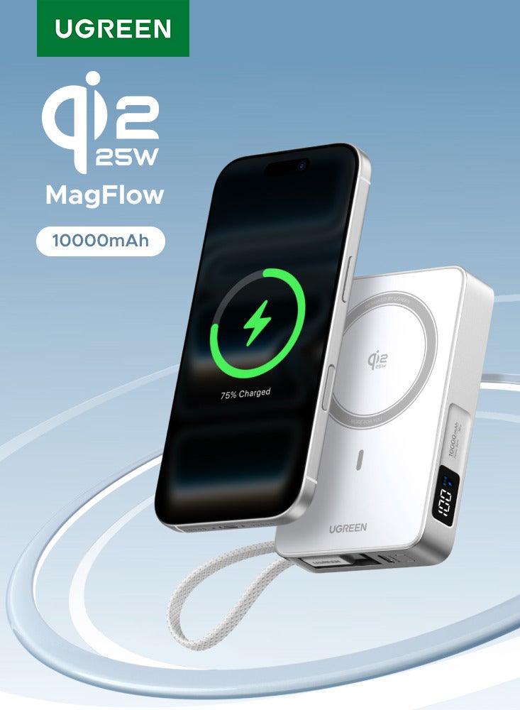 Ugreen Magflow 10000mAh Qi2 25W Built-in Cable 30W Ultral- Fast Power Bank with Strong Magnetic Attachment, Wireless Portable Charger with 25W Fast Wireless Charging and PD30W Fast Charging, Built-in Type C Cable for Samsung S26/S25 Ultra, iPhone 17/16 Pro Max Series -White 25W With Cable - White - Image 1