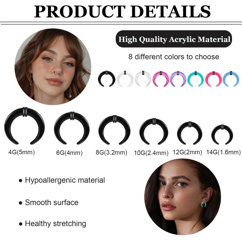 ONESING 48Pcs Acrylic Septum Pincher Tapers 14G 12G 10G 8G 6G 4G Septum Stretching Kit with Black O-Rings Spike Horseshoe C Shape Buffalo Pincher Septum Rings Ear Cartilage Nose Stretch Kit for Women Men - Image 2