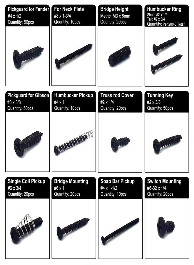 Vencetmat Guitar Screws Kit,304 Stainless Steel, #2#3#4#6#8 fit Fender & Gibson Pickguard, for Neck Plate Tuning Humbucker SingleCoil Pickup TrussRod Cover Bridge Selector Switch (Stainless Steel Black Coated) - Image 3