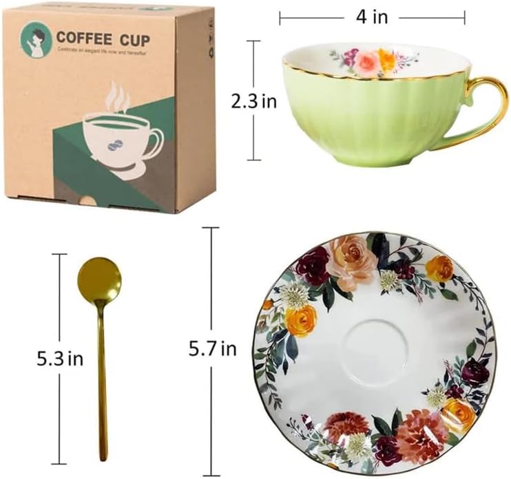 OneUstar Tea Cup and Saucer Set for 1 Bone China Floral English Teacup 8 oz Coffee Cup for Women Tea Parties Birthday Christmas Gift, Light Green - Image 5