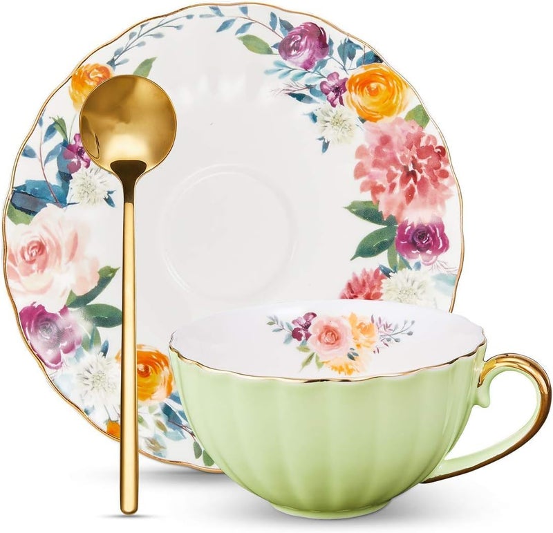 OneUstar Tea Cup and Saucer Set for 1 Bone China Floral English Teacup 8 oz Coffee Cup for Women Tea Parties Birthday Christmas Gift, Light Green - Image 1