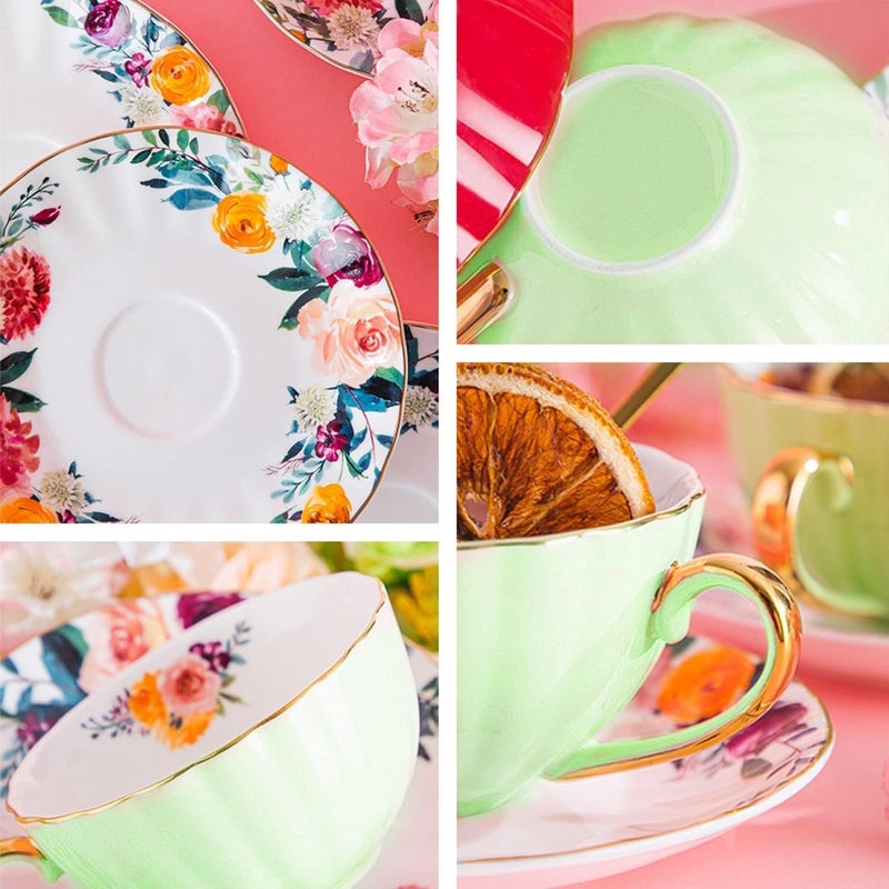OneUstar Tea Cup and Saucer Set for 1 Bone China Floral English Teacup 8 oz Coffee Cup for Women Tea Parties Birthday Christmas Gift, Light Green - Image 4