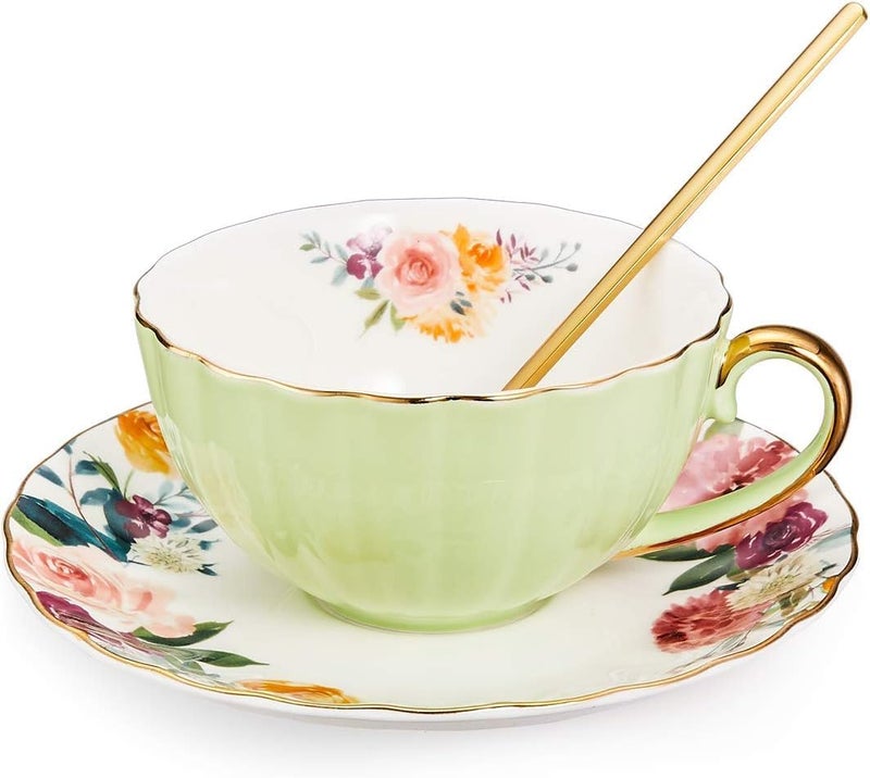 OneUstar Tea Cup and Saucer Set for 1 Bone China Floral English Teacup 8 oz Coffee Cup for Women Tea Parties Birthday Christmas Gift, Light Green - Image 2