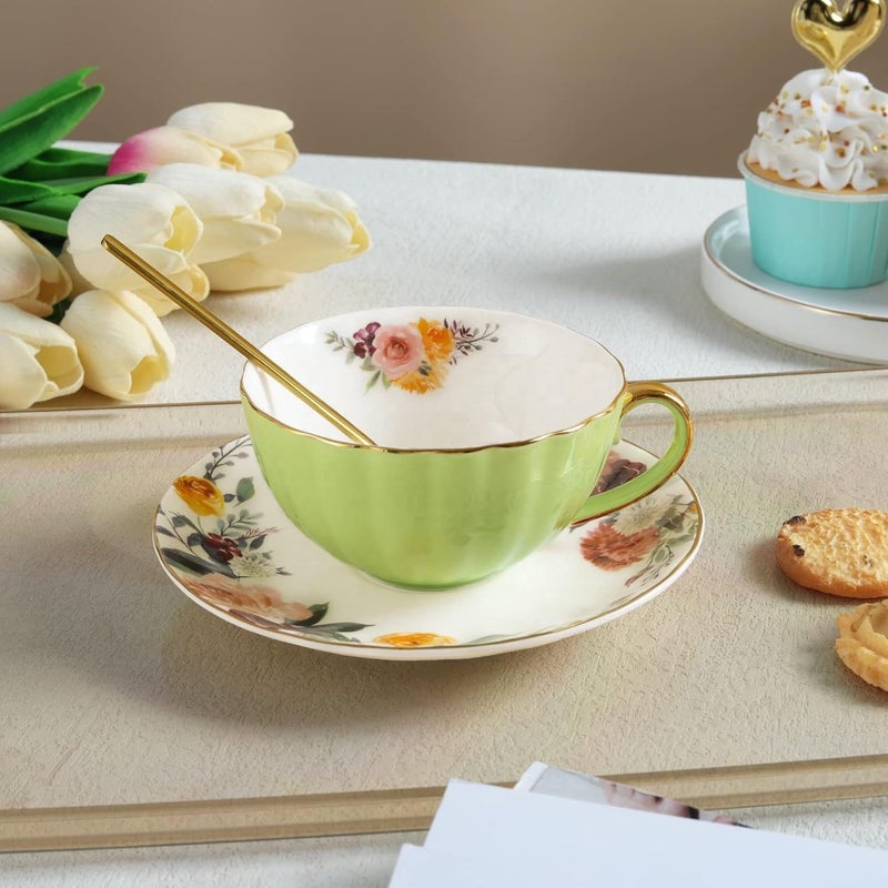OneUstar Tea Cup and Saucer Set for 1 Bone China Floral English Teacup 8 oz Coffee Cup for Women Tea Parties Birthday Christmas Gift, Light Green - Image 3