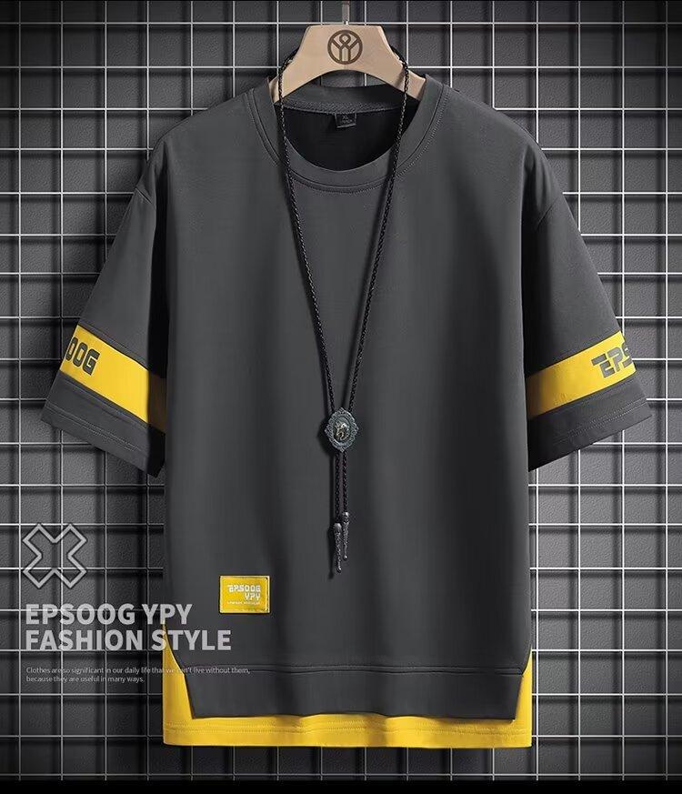 Summer Fake Two-Piece Short-Sleeved T-Shirt College Men'S Trendy Brand Loose Plus Size Half-Sleeved Top All-Match Casual Half-Sleeved Top - Image 1