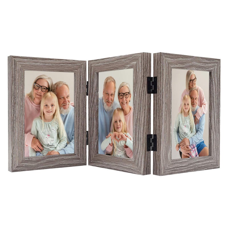 Frametory 4x6 Triple Picture Frames Trifold Photos Frame Collage Hinged Picture Frames with Glass Front Tabletop Display Gray 1 Pack