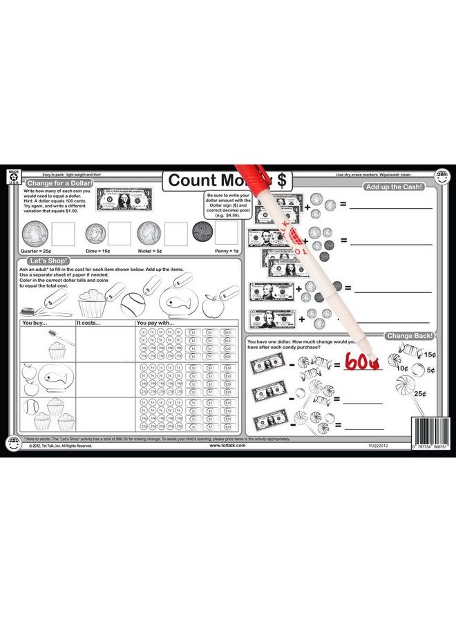 Tot Talk Everyday Skills Educational Placemat 4-Pack for Kids- Made in USA - Math, Money, Time & Weather - Ages 6-9 - Durable, Double-Sided, Waterproof, Wipeable Learning Mats - Image 2