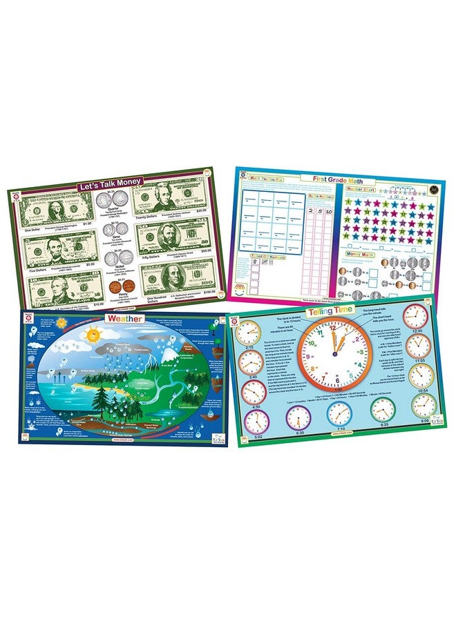 Tot Talk Everyday Skills Educational Placemat 4-Pack for Kids- Made in USA - Math, Money, Time & Weather - Ages 6-9 - Durable, Double-Sided, Waterproof, Wipeable Learning Mats - Image 1