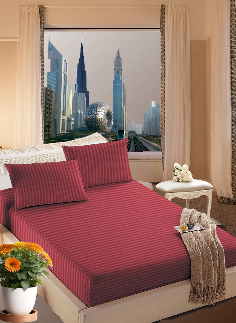 Blueberry Maroon Cotton Single Striped Fitted Elastic Pack of 2 Bedsheet 100x200+15cm  - Image 1