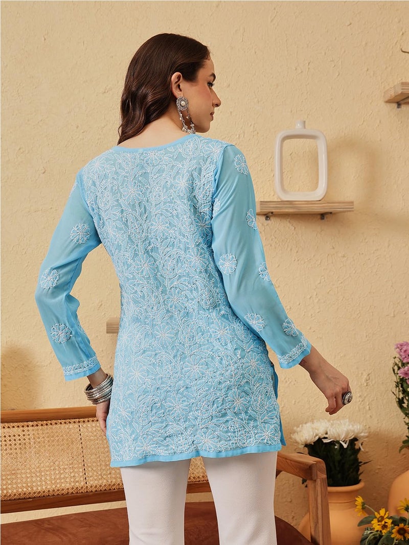 Ada Women Georgette Regular Hand Embroidered Lucknow Chikankari Short Kurti Top A911229 (M,Blue) - Image 2