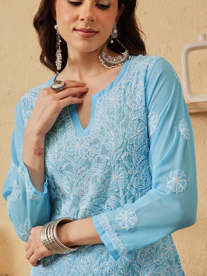 Ada Women Georgette Regular Hand Embroidered Lucknow Chikankari Short Kurti Top A911229 (M,Blue) - Image 5