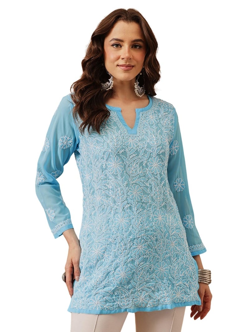 Ada Women Georgette Regular Hand Embroidered Lucknow Chikankari Short Kurti Top A911229 (M,Blue) - Image 1