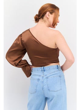 Violet Romance Women Asymmetrical Neck One Shoulder Sleeves Ring Detail Crop Top, Brown  - Image 3
