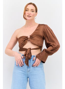 Violet Romance Women Asymmetrical Neck One Shoulder Sleeves Ring Detail Crop Top, Brown  - Image 1