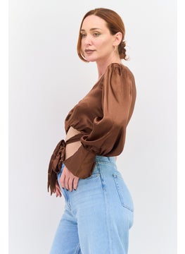 Violet Romance Women Asymmetrical Neck One Shoulder Sleeves Ring Detail Crop Top, Brown  - Image 4