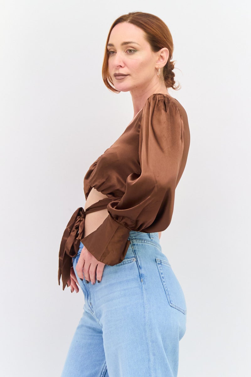 Violet Romance Women Asymmetrical Neck One Shoulder Sleeves Ring Detail Crop Top, Brown - Image 4