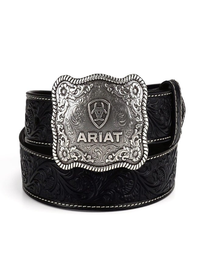 ARIAT Men's Floral Embossed Leather Belt with Antiqued Silver Buckle, Black, 34 - Image 1