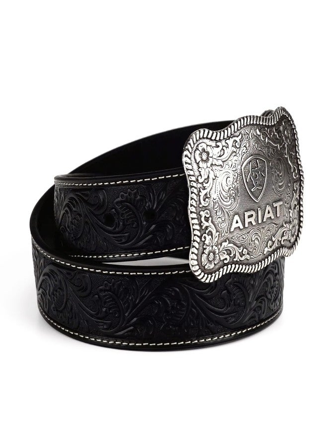 ARIAT Men's Floral Embossed Leather Belt with Antiqued Silver Buckle, Black, 34 - Image 2