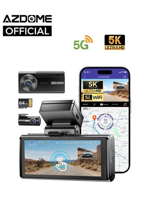 AZDOME M580 5K 5GHz WiFi Dash Cam Front and Rear, Touch Screen 4 Inch, UHD 4K+1080P Car Dash Camera with 64GB Card, Dashboard Camera Built-in GPS, WDR Night Vision, 24H 4 Modes Parking Monitor