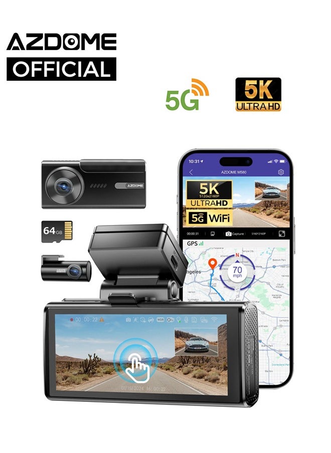 أزدوم كاميرا داش كام AZDOME M580 5K مع واي فاي 5GHz، كاميرا أمامية وخلفية، شاشة لمس بحجم 4 إنش، كاميرا سيارة UHD 4K+1080P مع بطاقة 64 جيجابايت، كاميرا لوحة القيادة مزودة بنظام GPS مدمج، تقنية WDR للرؤية الليلية، ومراقبة وقوف السيارة على مدار 24 ساعة بـ 4 أوضاع.  - Image 1