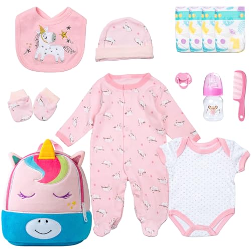 Pedolltree 13 Pcs Reborn Baby Dolls Girl Clothes Accessories Pink Unicorn Theme Outfit Set for 1722 Inch Reborn Dolls Newborn Girl with Unicorn Backpack Diaper - Image 1